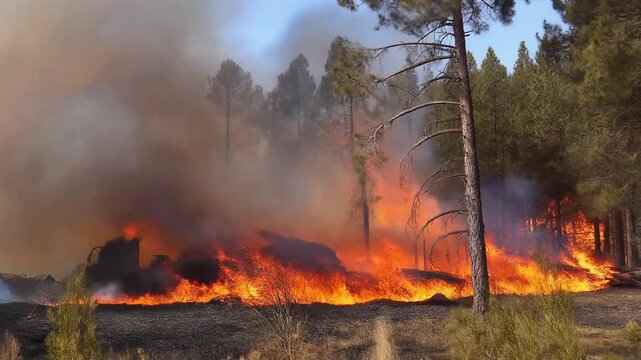 Forest Fire with Intense Flames and Thick Smoke Engulfing Pine Trees Creating a Pyrocumulus Cloud Representing Environmental Destruction and Climate Change Impact