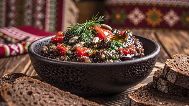  Traditional eggplant caviar in a black bowl on a rustic wooden table with dark rye bread. Healthy vegetable spread and appetizer concept for culinary footage and restaurant menu background.