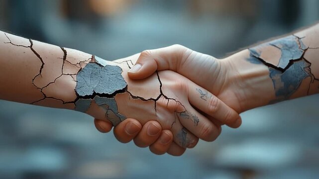 Cracked Hands Shaking Symbolizing Fragile Diplomacy and Tense Negotiations in a Global Context of Broken Trust and Conflict Resolution