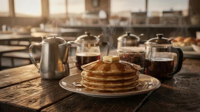 Warm breakfast setup in large camp dining space with closeup of steaming coffee pots and plate of pancakes on sharply focused table background featuring softly blurred morning