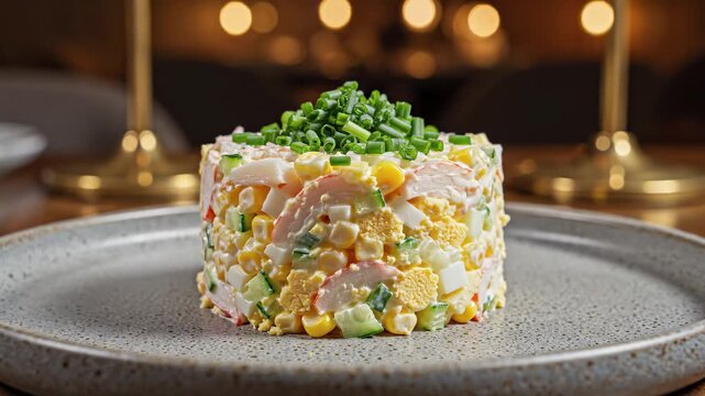 Traditional crab stick salad with corn and cucumbers garnished with chives on a grey plate. Healthy gourmet appetizer in a luxury restaurant interior. Culinary concept footage.