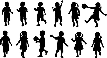 Fototapeta premium Collection of children silhouettes boys and girls set, vector illustration