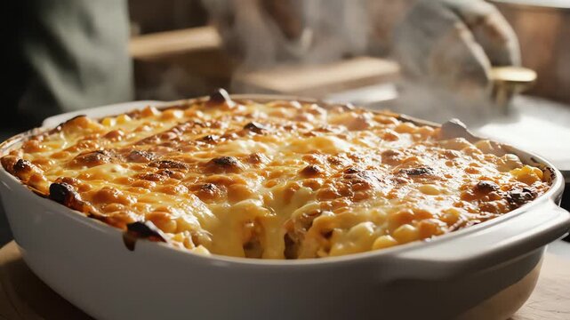 Baked pasta dish with golden crust prepared for culinary presentation