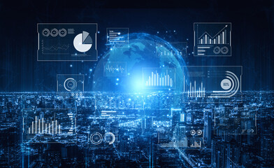 Obraz premium Real-time global data analytics dashboard visualizing insights from interconnected systems for decision-making, business analytics, and digital transformation Vouch