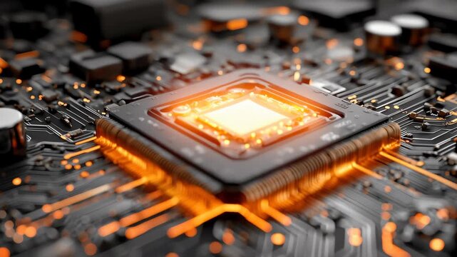 Future technology computing power, Modern motherboard components, Neural network hardware machine, Computer hardware silicon die close up, Semiconductor manufacturing concept