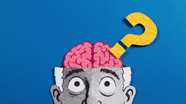 Yellow question mark moving across a pink human brain inside an open head of a man with grey hair against a solid blue background
