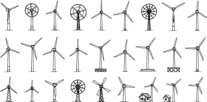 Wind Energy: Hand-Drawn Windmill  Turbine Collection - Clean Energy Icons