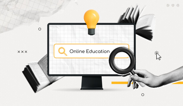 Trendy Halftone Collage Online education concept. Computer with hand, floating books and lightbulb. News course, webinar. Smart thinking and brainstorming. Contemporary vector illustration art