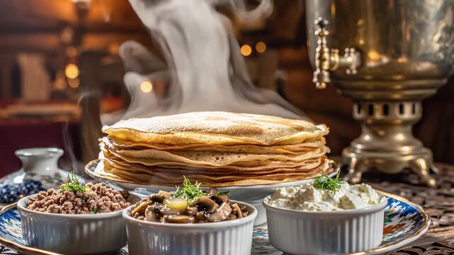 Hot steaming pancakes stack served with various fillings and a traditional samovar in a rustic wooden house. Traditional Slavic breakfast or Maslenitsa celebration concept background footage.