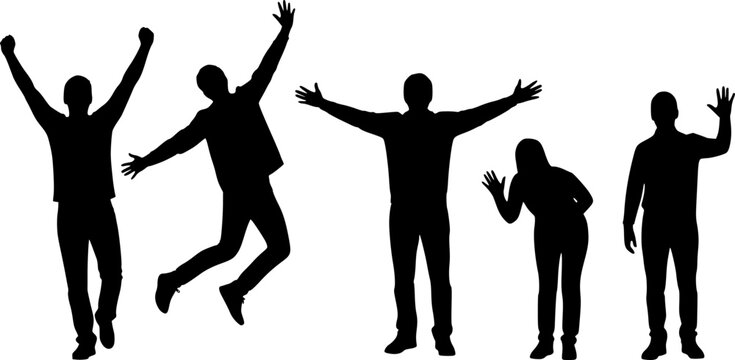 Silhouettes of five people in various poses of celebration and greeting waving

