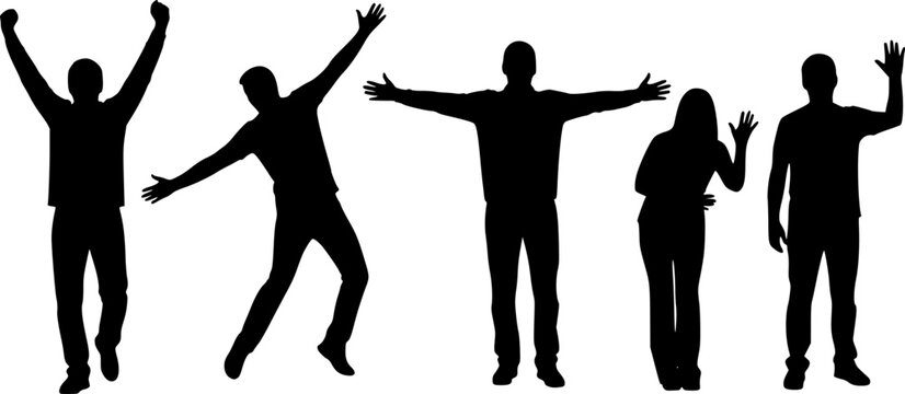 Silhouettes of five people in various poses of celebration and greeting waving
