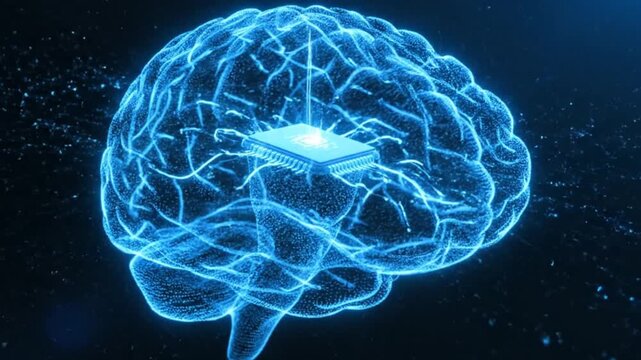 3D render of a glowing blue human brain with an integrated circuit chip embedded, representing artificial intelligence, machine learning, and advanced technology concepts on a dark background.