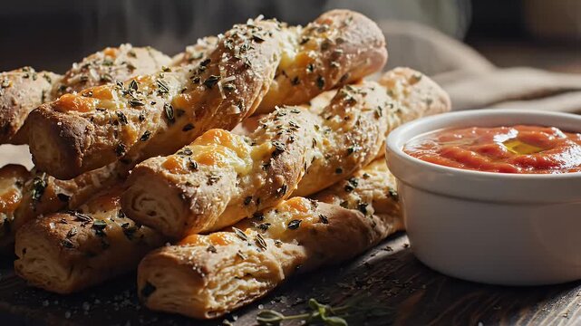 Close up of baked breadsticks and dipping sauce on a wooden surface