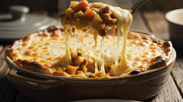 Close up of baked dish with golden crust being served with a spoon