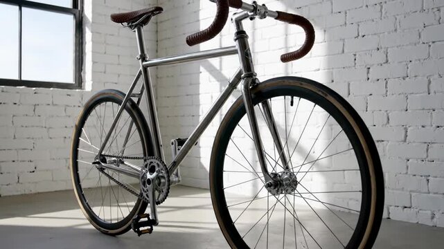 Polished silver fixed gear bike leaning against white brick wall in sunlit loft