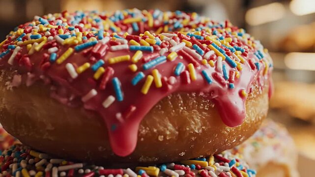 Close up of colorful sprinkled donuts with blurred bakery display