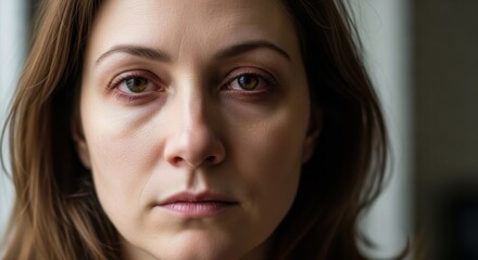 Fototapeta premium A close-up portrait of a middle-aged woman with a concerned expression on her face.