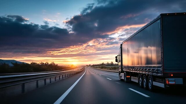 Rear view of truck driving on highway, dramatic sky overhead, open landscape on both sides, journey and adventure concept, road trip imagery, transportation freedom, expansive