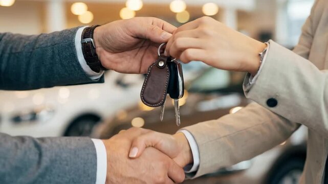 Close Up of Car Salesman Handing Keys to Customer in Dealership