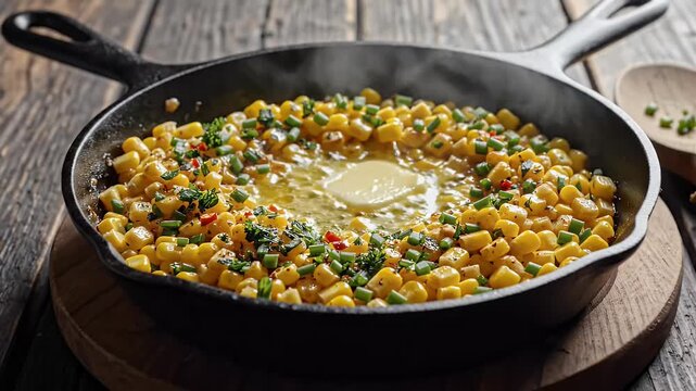 Cooking fresh corn in pan butter and herbs culinary process
