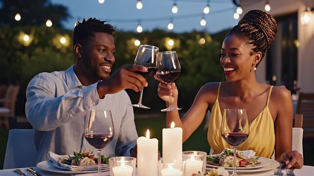 Couple enjoying romantic outdoor dinner with candlelight and wine