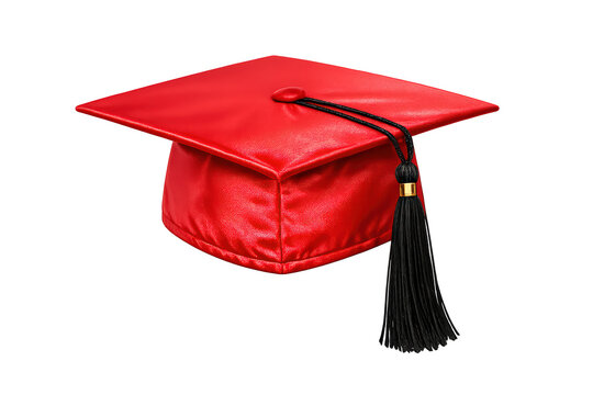 Red graduation mortarboard cap with black tassel symbolizing education, academic achievement, and university success