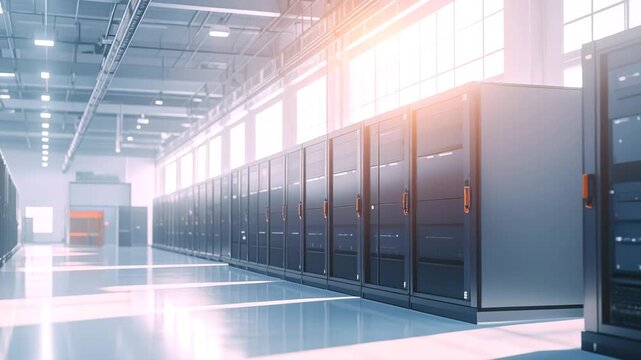 Data Center: Server racks, a symbol of modern information storage, line a spacious, bright data center, emphasizing technological infrastructure and the core of digital operations.