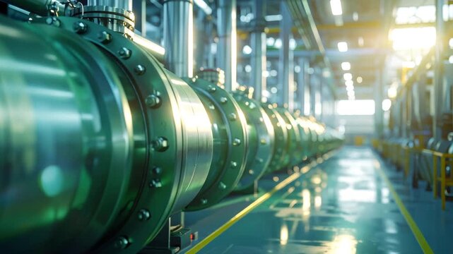 Industrial Infrastructure: Close-up of a series of large, cylindrical pipes in a modern factory setting. The pipes, with intricate bolts, run parallel, reflecting a clean, organized.