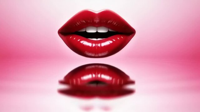 Close-up of glossy red lips with perfect white teeth reflected on a pink background.
