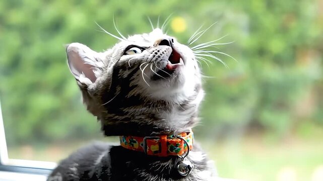 Cute kitten storyboard showcases feline looking up with a collar sitting at window