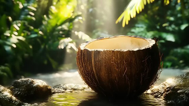 Coconut Shell in Jungle Stream Water.