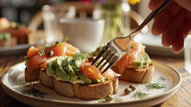 Gourmet appetizers with avocado and smoked salmon close up on plate