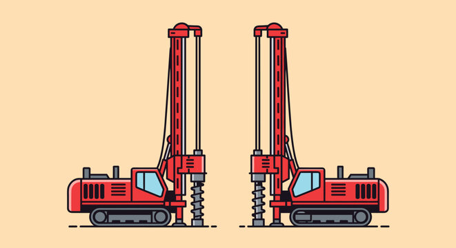 Red Drill Rig Machines Side View.