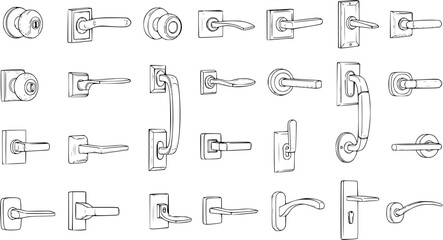 Obraz premium Collection of various black and white line art sketches of modern and classic door handles, knobs, and levers, showcasing diverse designs for home and building security