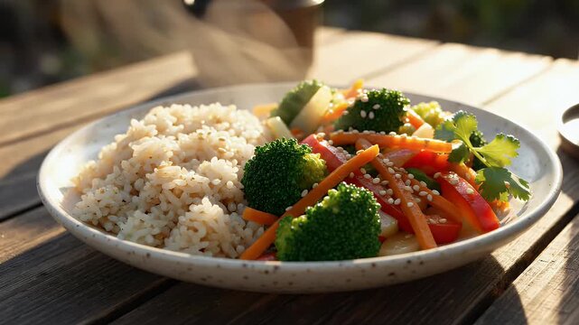 Plate of rice with assorted vegetables healthy meal on wooden surface