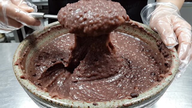 Adzuki Bean Paste Preparation in Ceramic Bowl with gloved hands Stirring for Sweet Filling Ingredient in Culinary Arts