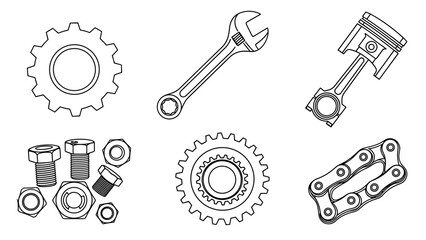 Fototapeta premium Collection of various mechanical tools and parts including gears, wrench, piston, and bolts