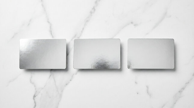 Set of three blank rectangular holiday gift cards in silver foil arranged on white marble surface with even studio lighting highlighting metallic sheen.
