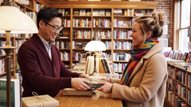 Man wraps book for smiling woman at cozy bookstore counter