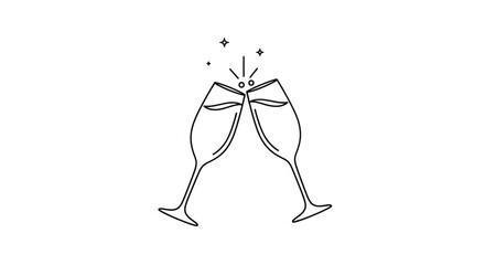 A minimalist line art illustration of two champagne glasses clinking together in celebration