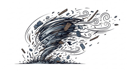 A dynamic vector illustration of a swirling storm with debris and abstract shapes in a minimalist design style.