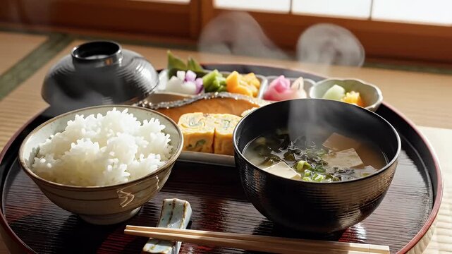Traditional meal displayed on a wooden tray featuring rice soup and vegetables