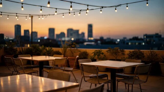 Sunset view from a hostel rooftop terrace with empty outdoor tables string lights creating a festive glow and the city skyline softly blurred beyond.