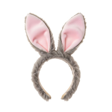 Fluffy grey and pink rabbit ears headband for costume on transparent background