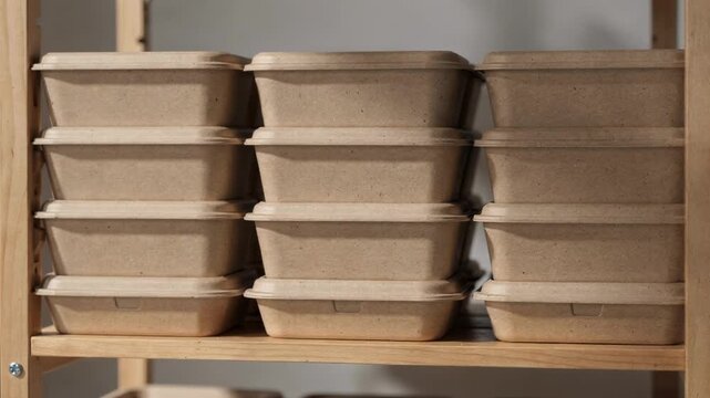 Medium shot of brown kraft compostable containers stacked neatly on a wooden shelving unit sharp focus on the containers with blurred background for sustainable packaging theme.