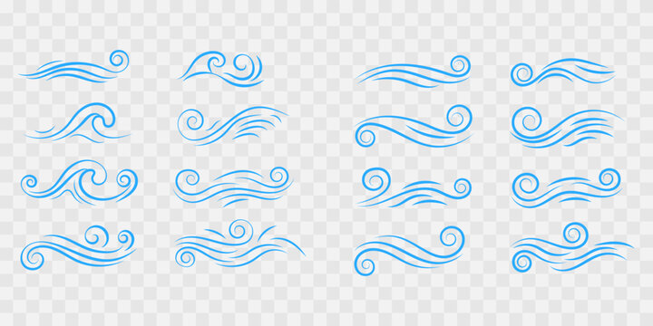 Set of blue vector waves and swirls in line art style isolated on transparent background.