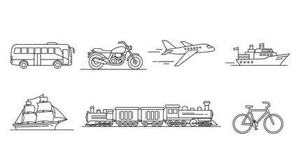 Various transportation vehicles icons including bus, motorcycle, airplane, ship, sailboat, train, and bicycle