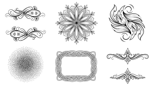 Collection of black and white ornate design elements and frames
