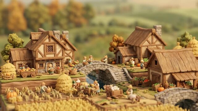 Miniature Harvest Village with Pumpkin Farm and Stone Bridge Isometric 3D Render