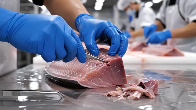 Worker hands in blue gloves removing bones from fresh raw tuna fillet with tweezers in a seafood processing factory